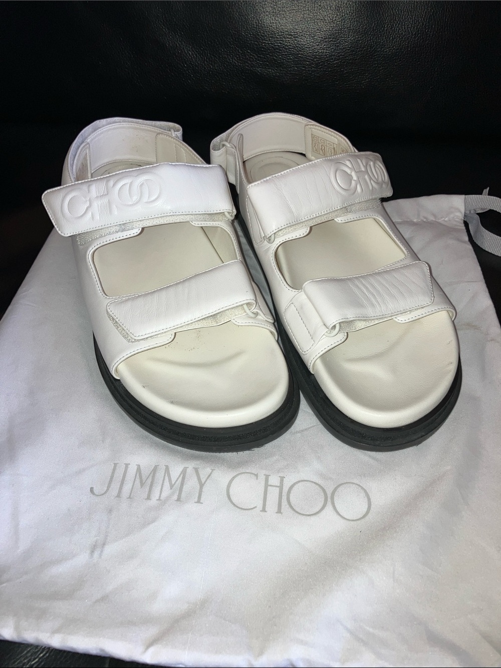 Jimmy Choo White Lug Sandals with Velcro Straps
